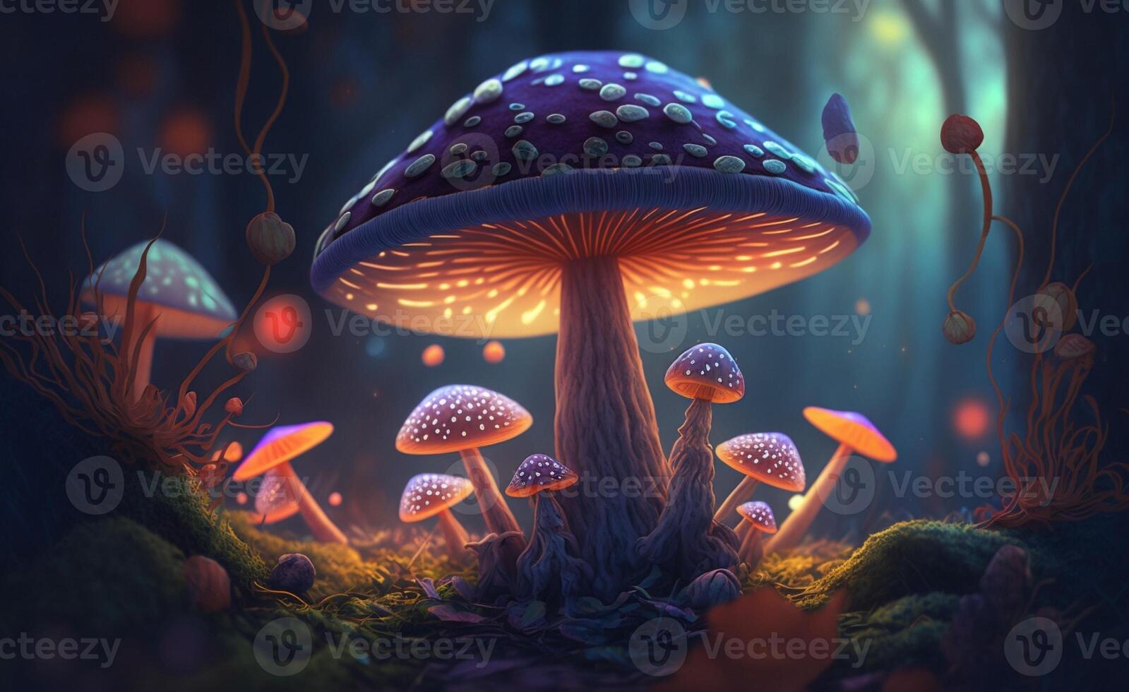 Magia cogumelo dentro a floresta brilhando dentro a noite, generativo ai. foto