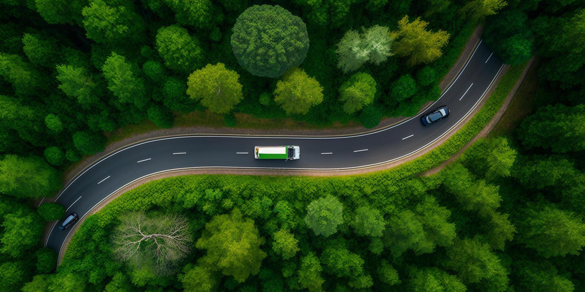 a aéreo topo Visão do estrada entre a floresta com ai gerado. foto