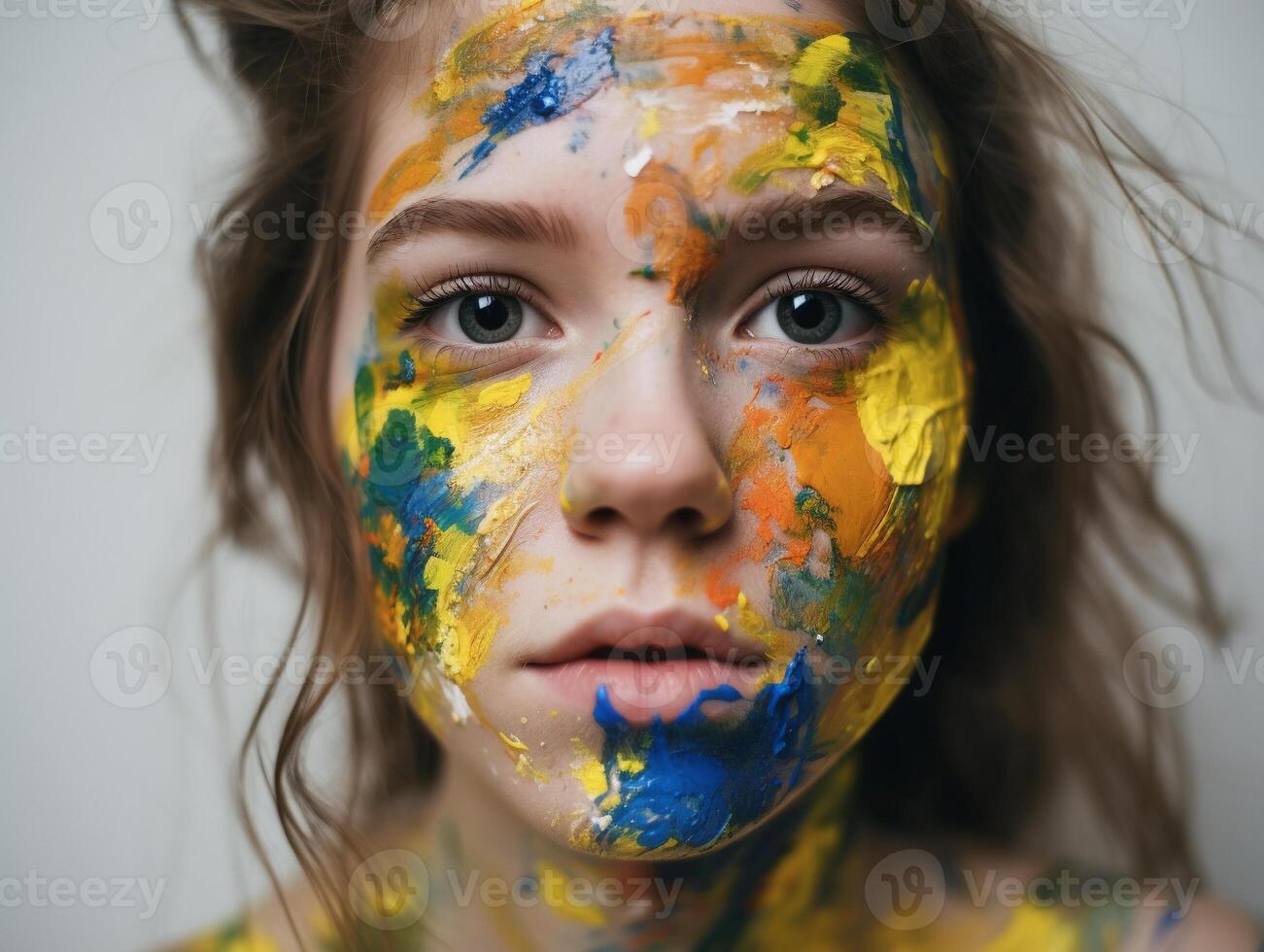 uma mulher com face pintura criada com generativo ai tecnologia foto