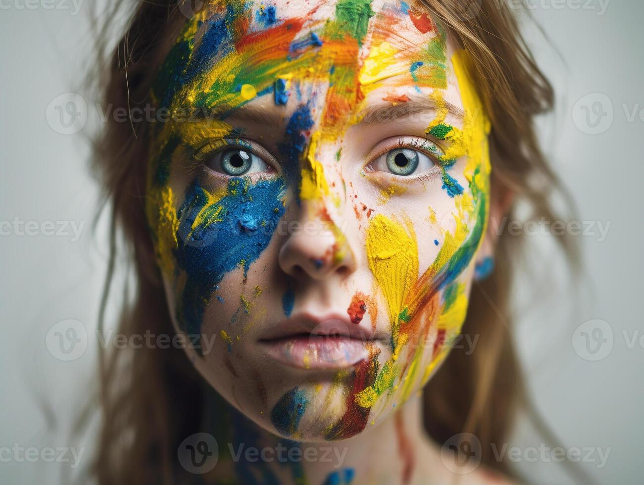 uma mulher com face pintura criada com generativo ai tecnologia foto