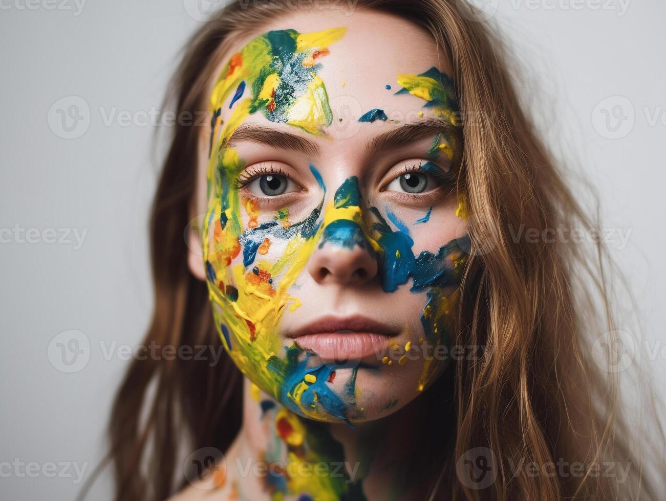 uma mulher com face pintura criada com generativo ai tecnologia foto