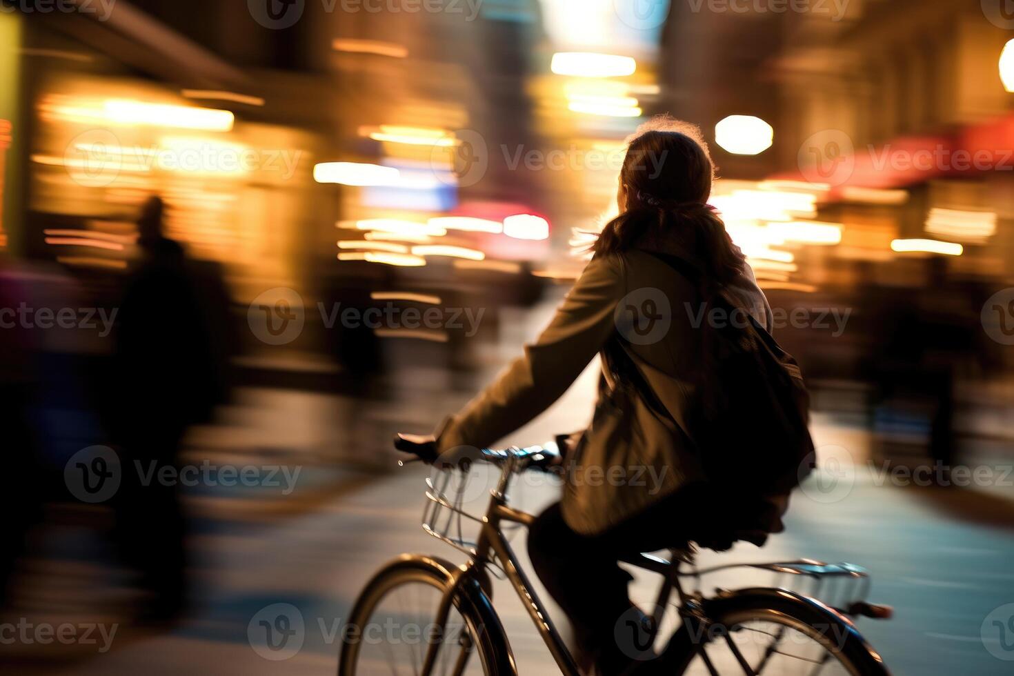 foto do uma pessoa equitação uma bicicleta dentro a cidade multidão debaixo a luzes às noite dentro a cidade, e entre a multidões do pessoas. generativo ai.