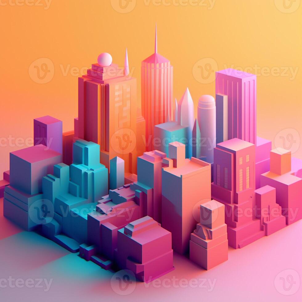 cidade com pôr do sol dentro isométrico Visão dentro tendendo cor paleta para publicidade com generativo ai foto