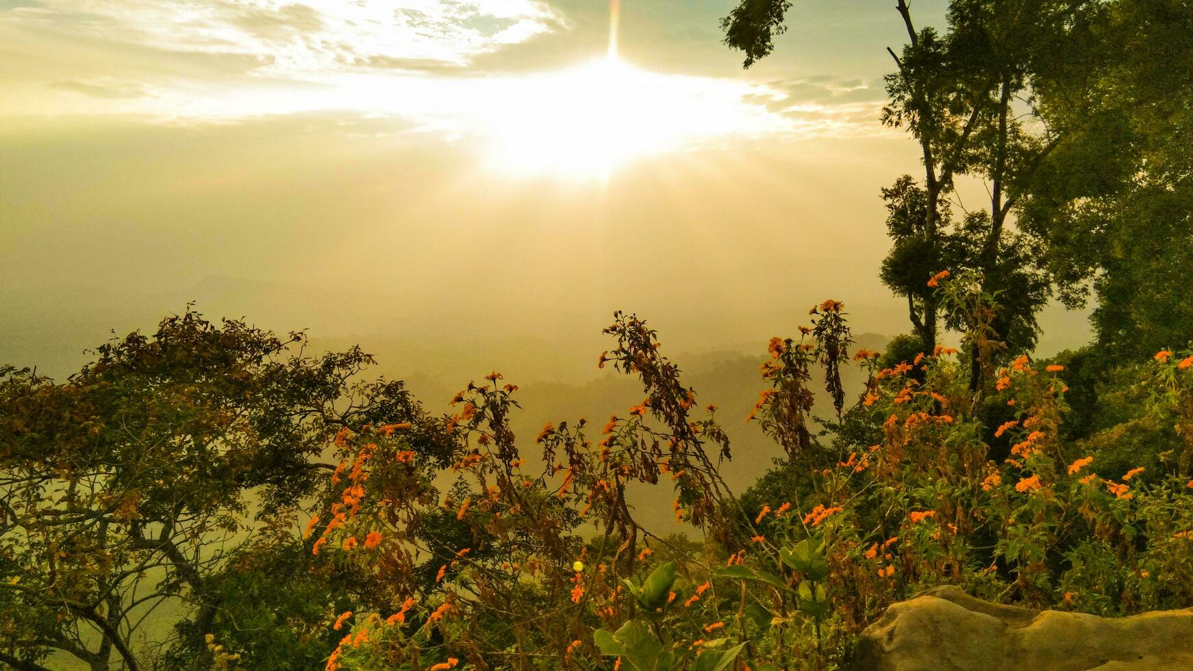 uma pôr do sol Visão do a colinas e a Sol foto