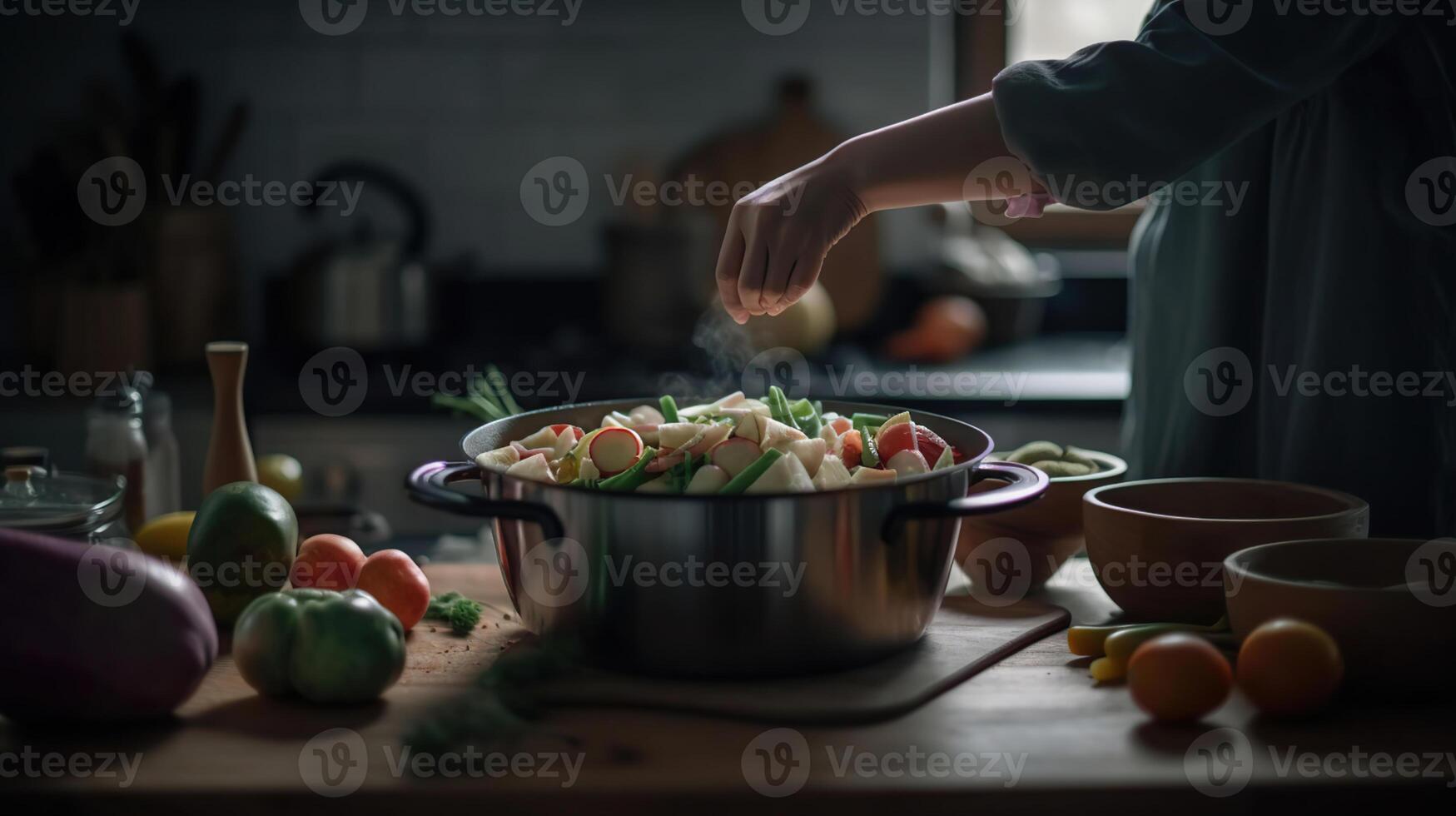 mulher colocando legumes dentro cozinhando Panela em mesa dentro cozinha, generativo ai foto