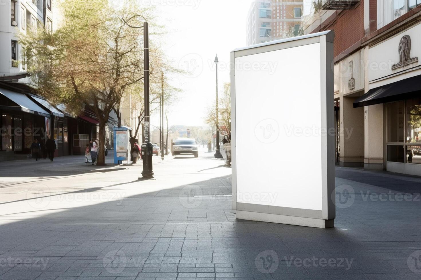 ai generativo uma em branco branco Painel publicitário brincar em uma calçada dentro uma cidade foto