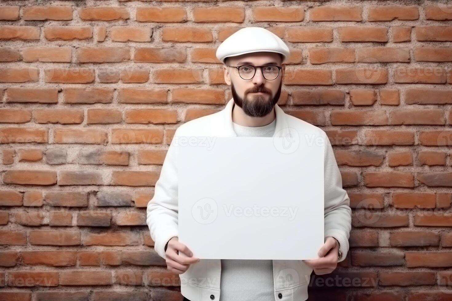 ai generativo uma homem detém uma em branco branco placa borda brincar dentro dele mão foto