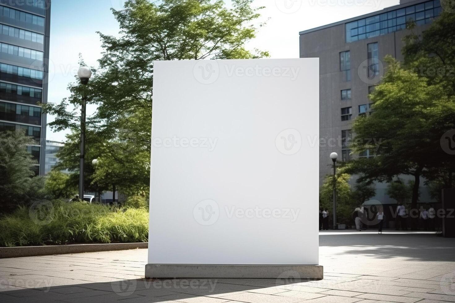 ai generativo uma em branco branco Painel publicitário brincar em uma calçada dentro uma cidade foto