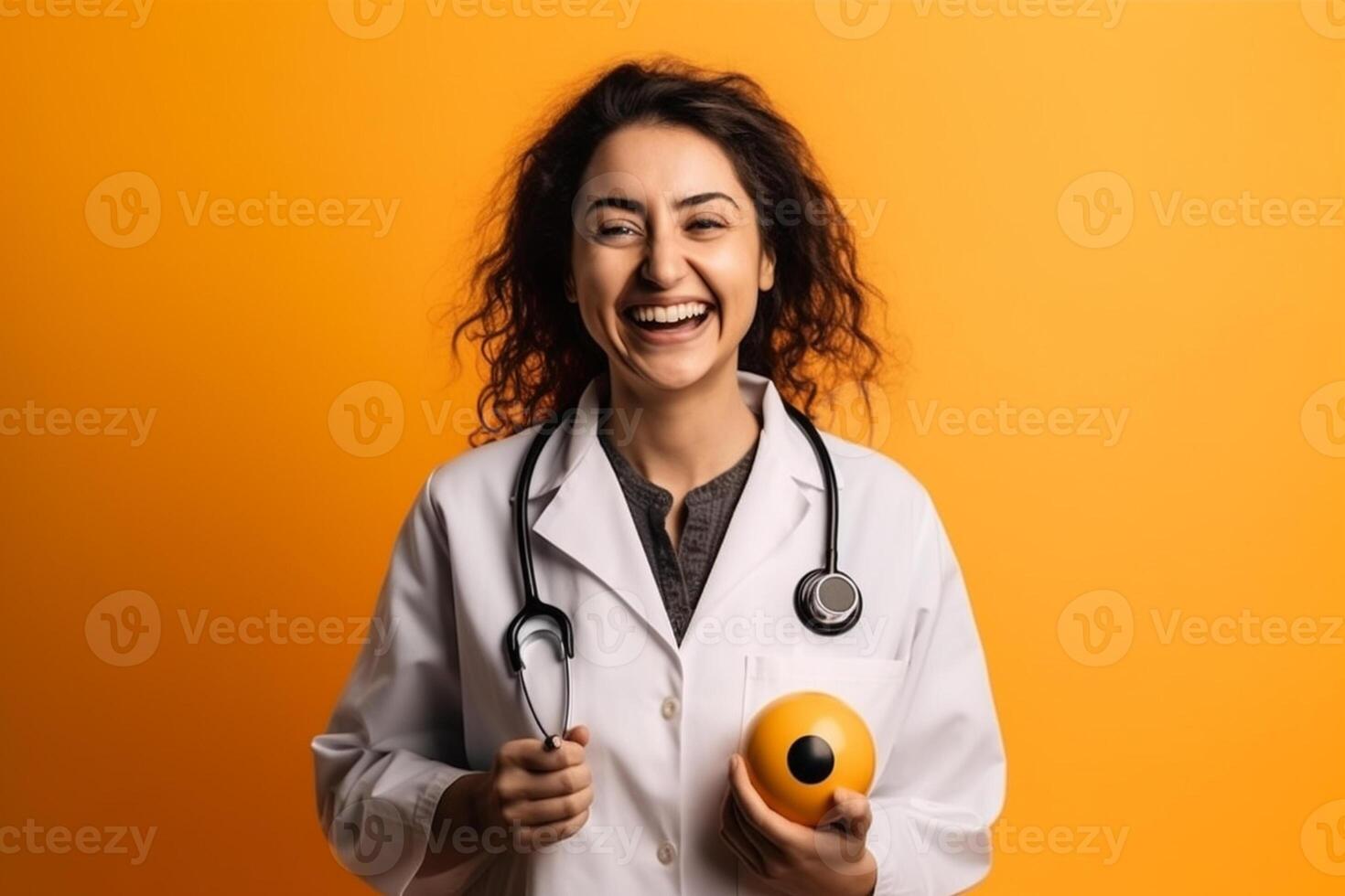 ai generativo uma sorridente fêmea médico isolado em amarelo fundo foto