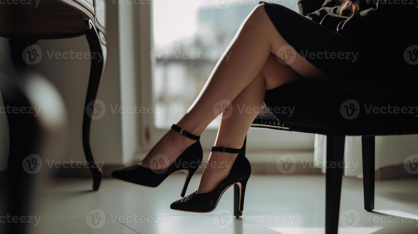 mulher dentro Preto calcanhares e sexy pernas sentado às lar, generativo ai foto