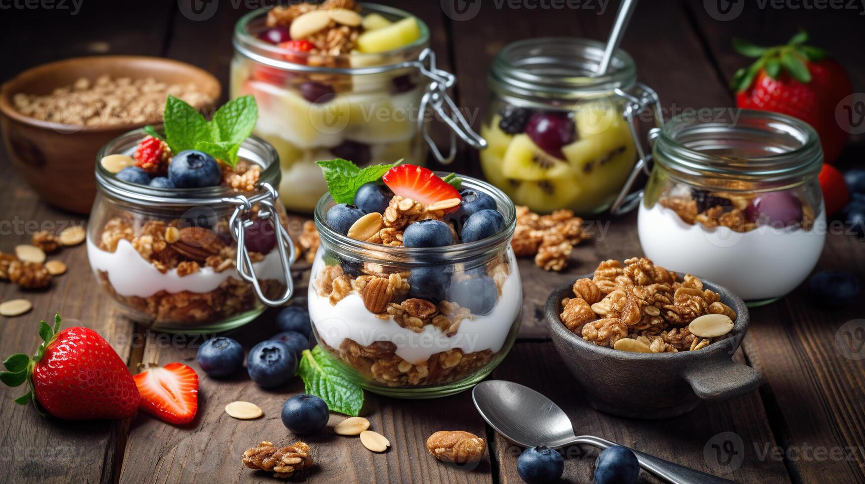 caseiro granola com nozes e passas de uva, kiwi, amoras, banana, morangos e avião iogurte. topo visualizar, generativo ai foto