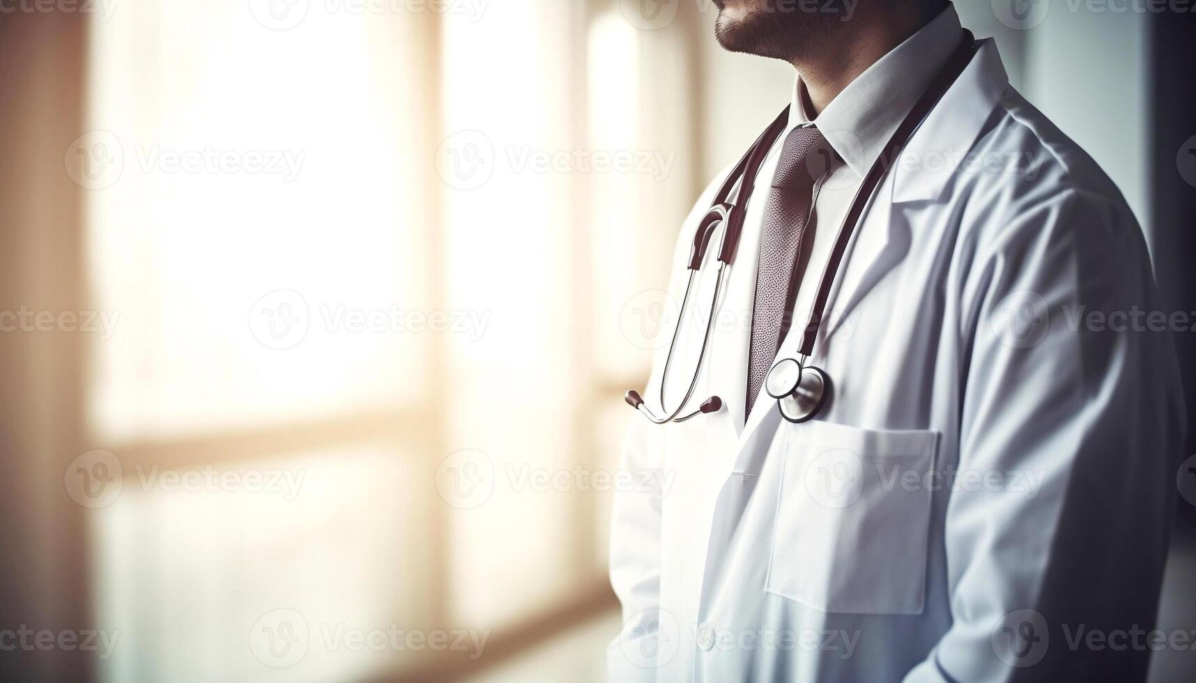 qualidade médico Serviços com irreconhecível masculino médico dentro uniforme em pé dentro hospital. com Customizável espaço para texto foto