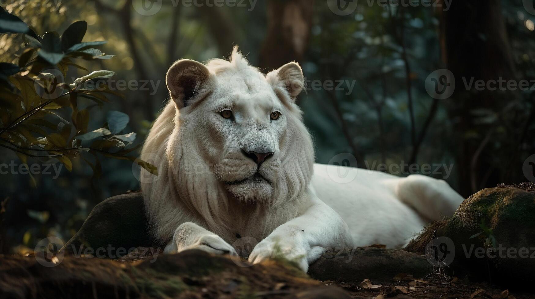 fechar acima do uma em repouso branco leão dentro Está natural habitat fundo. animal reino conceito foto
