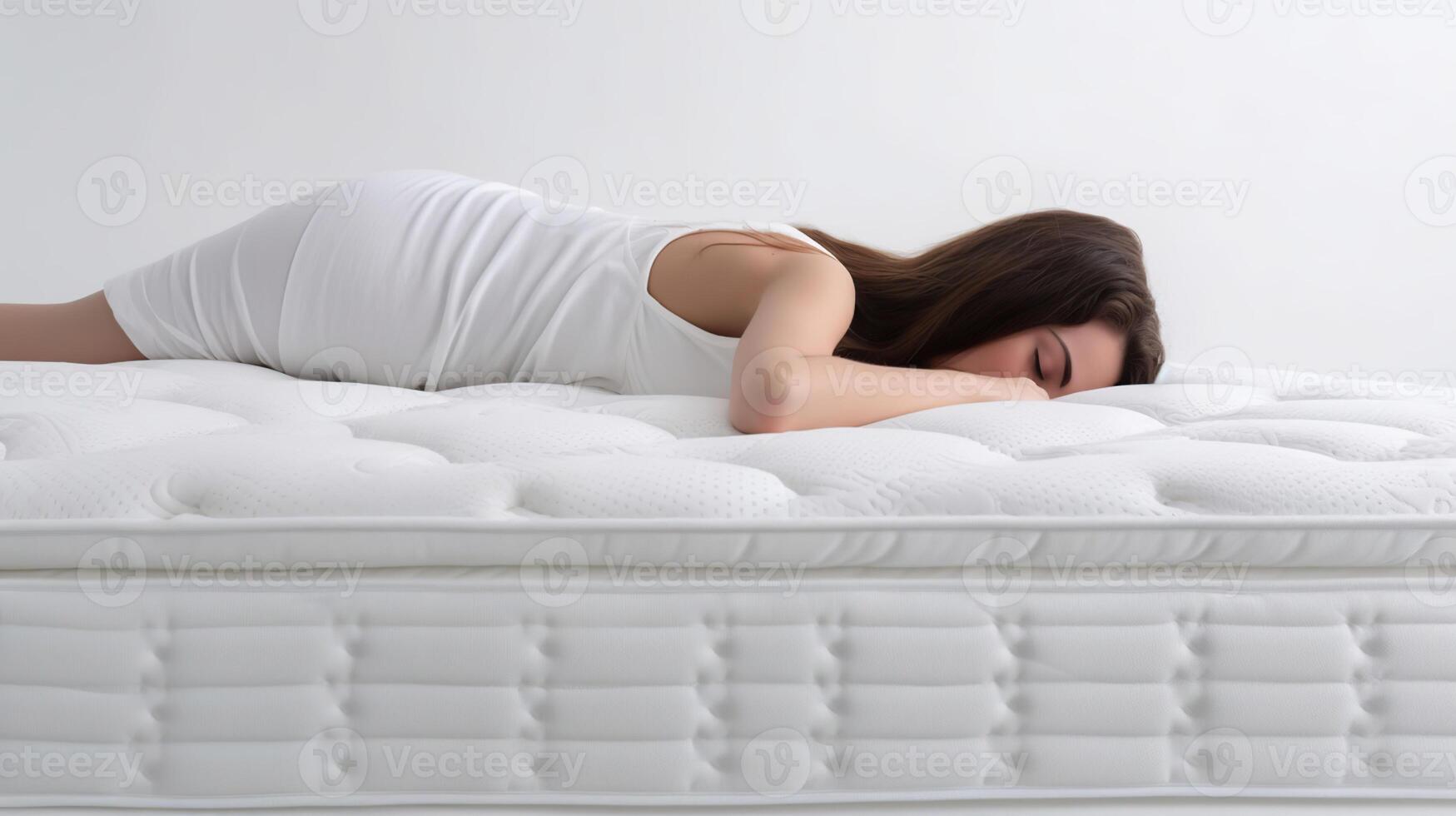 jovem mulher deitado em suave colchão contra branco fundo, generativo ai foto