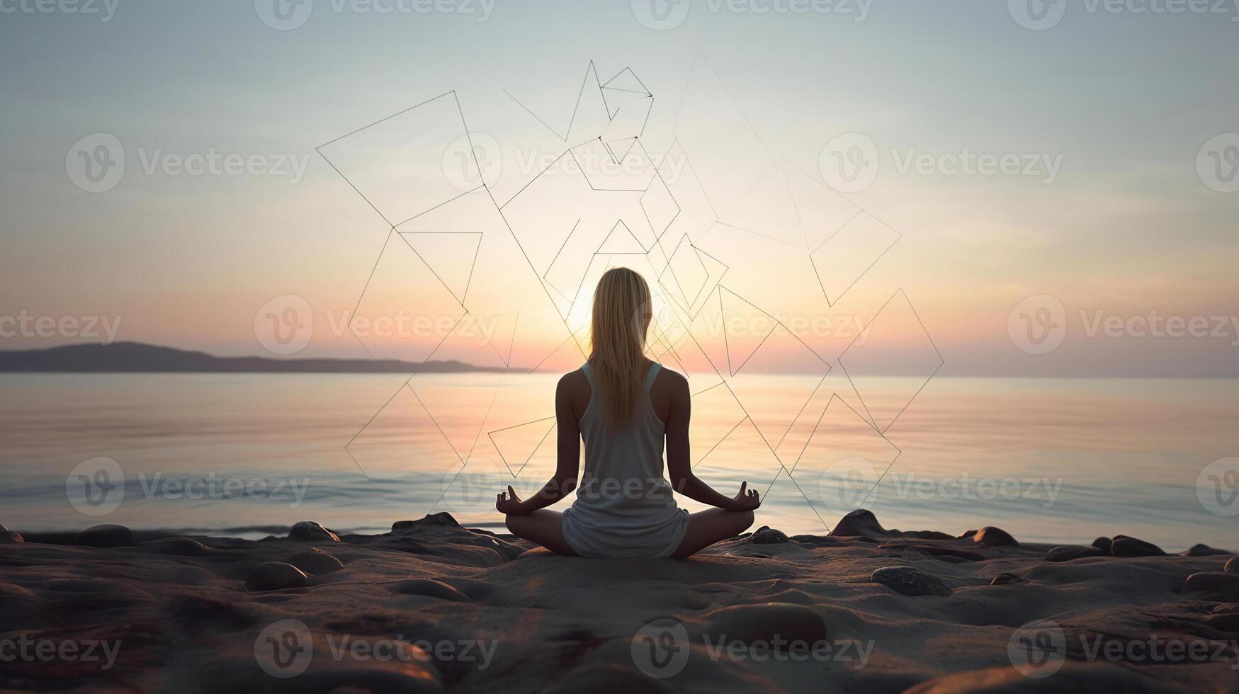 mulher meditando perto mar. esquema do Sete chakras, ilustração, generativo ai foto