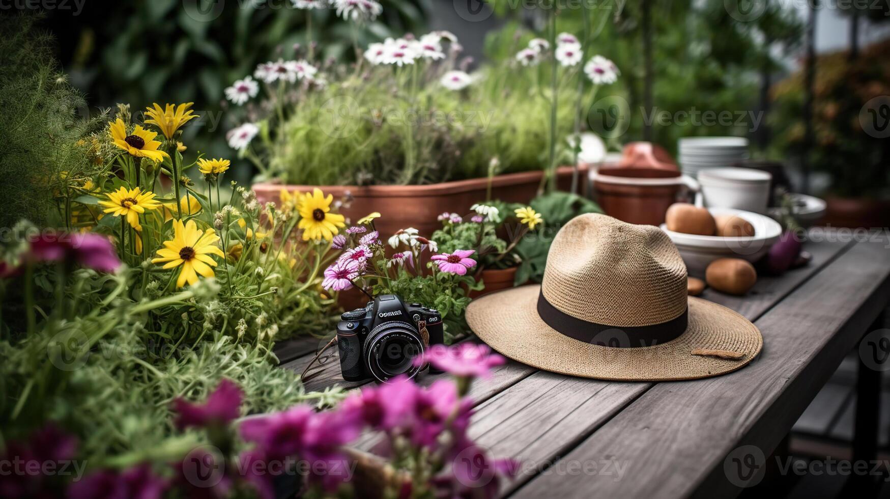 jardinagem Ferramentas e flores em a terraço dentro a jardim, generativo ai foto