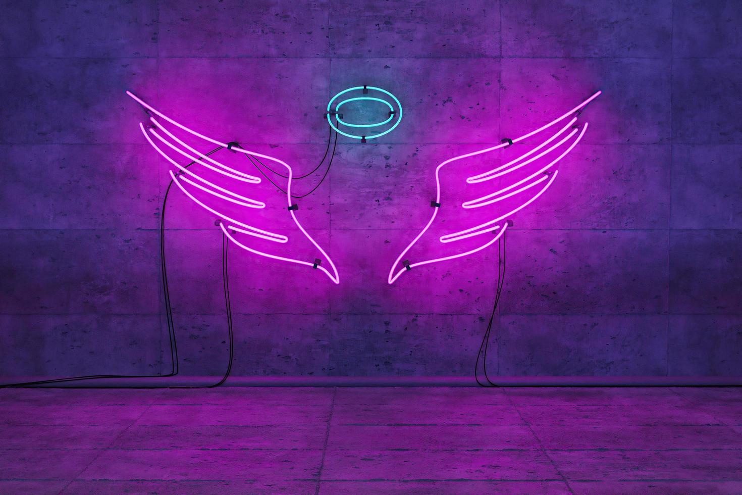 lâmpada neon rosa com asas de anjo em quarto vazio foto
