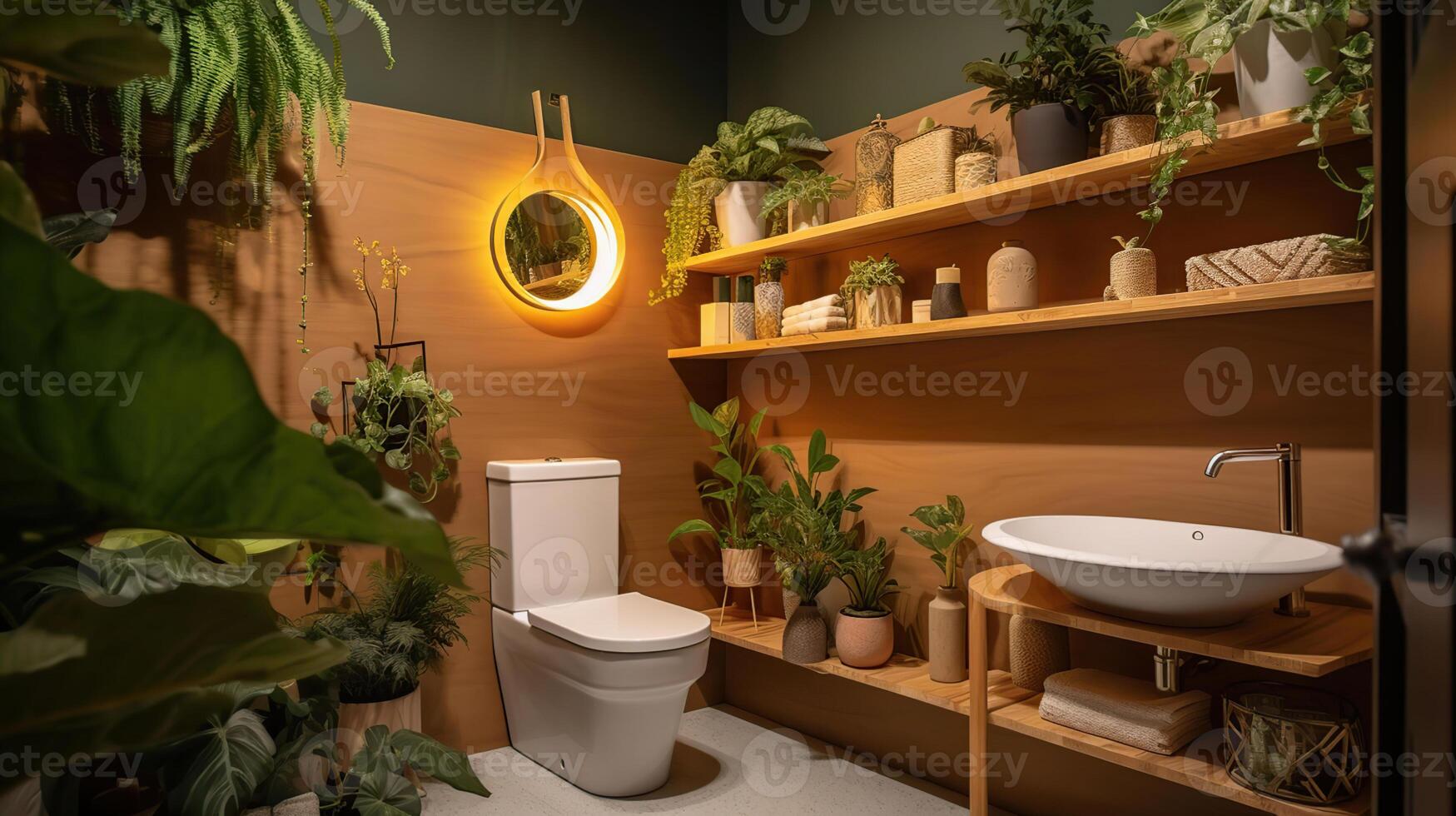 à moda interior do Sanitário com banheiro tigela, prateleiras unidade e plantas de casa, generativo ai foto