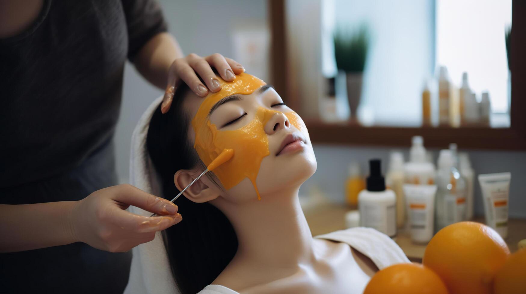 cosmetologista aplicando mascarar com Vitamina c dentro spa salão, generativo ai foto