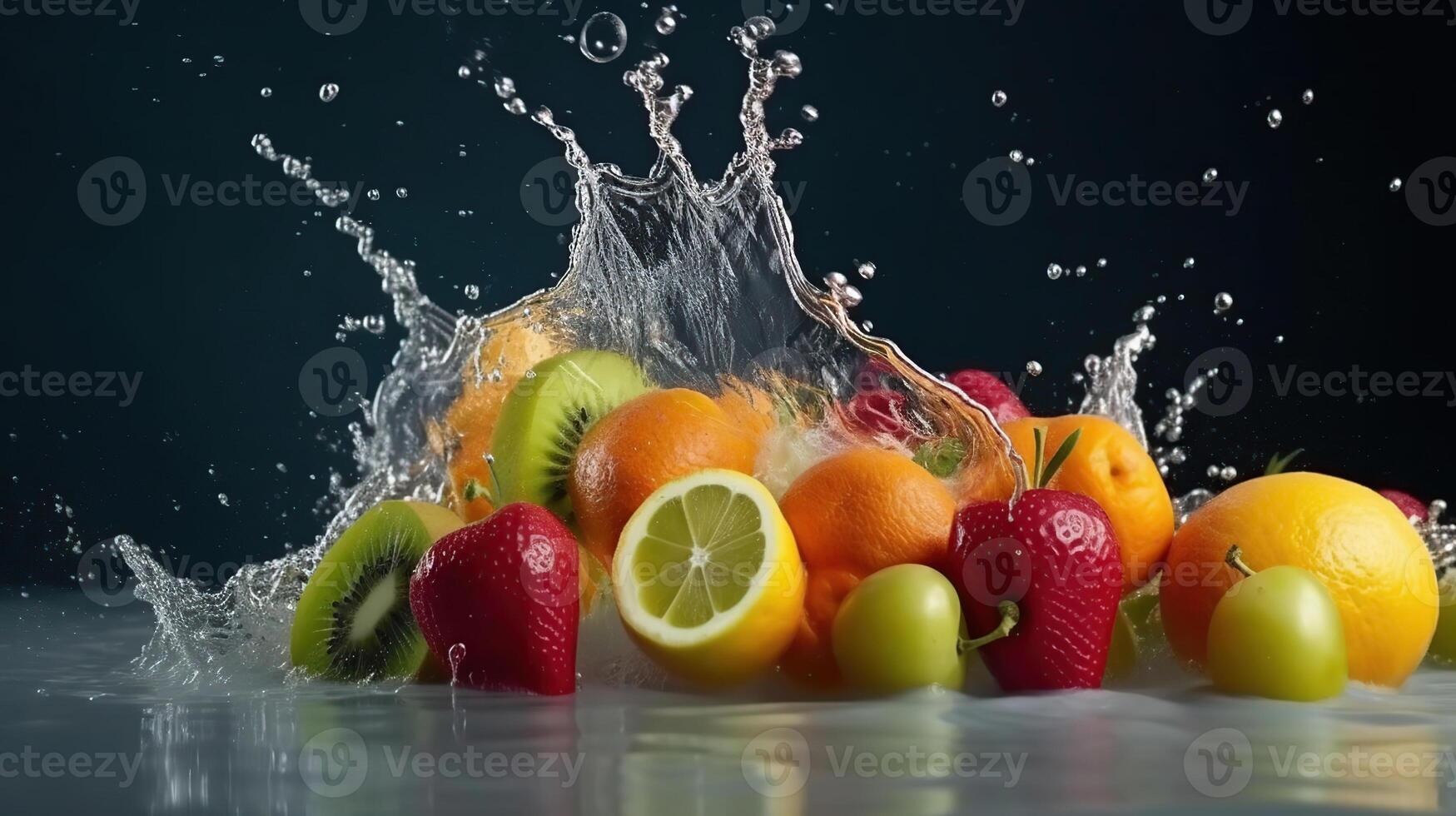 espirrando fruta em água. fresco fruta e legumes ser tiro Como elas submerso debaixo água. ilustração do lavando frutas, generativo ai foto
