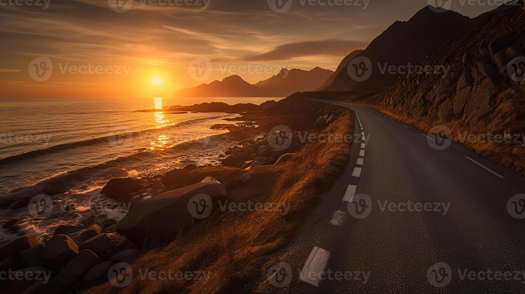 estrada de a mar dentro nascer do sol tempo, lofoten ilha, Noruega, generativo ai foto