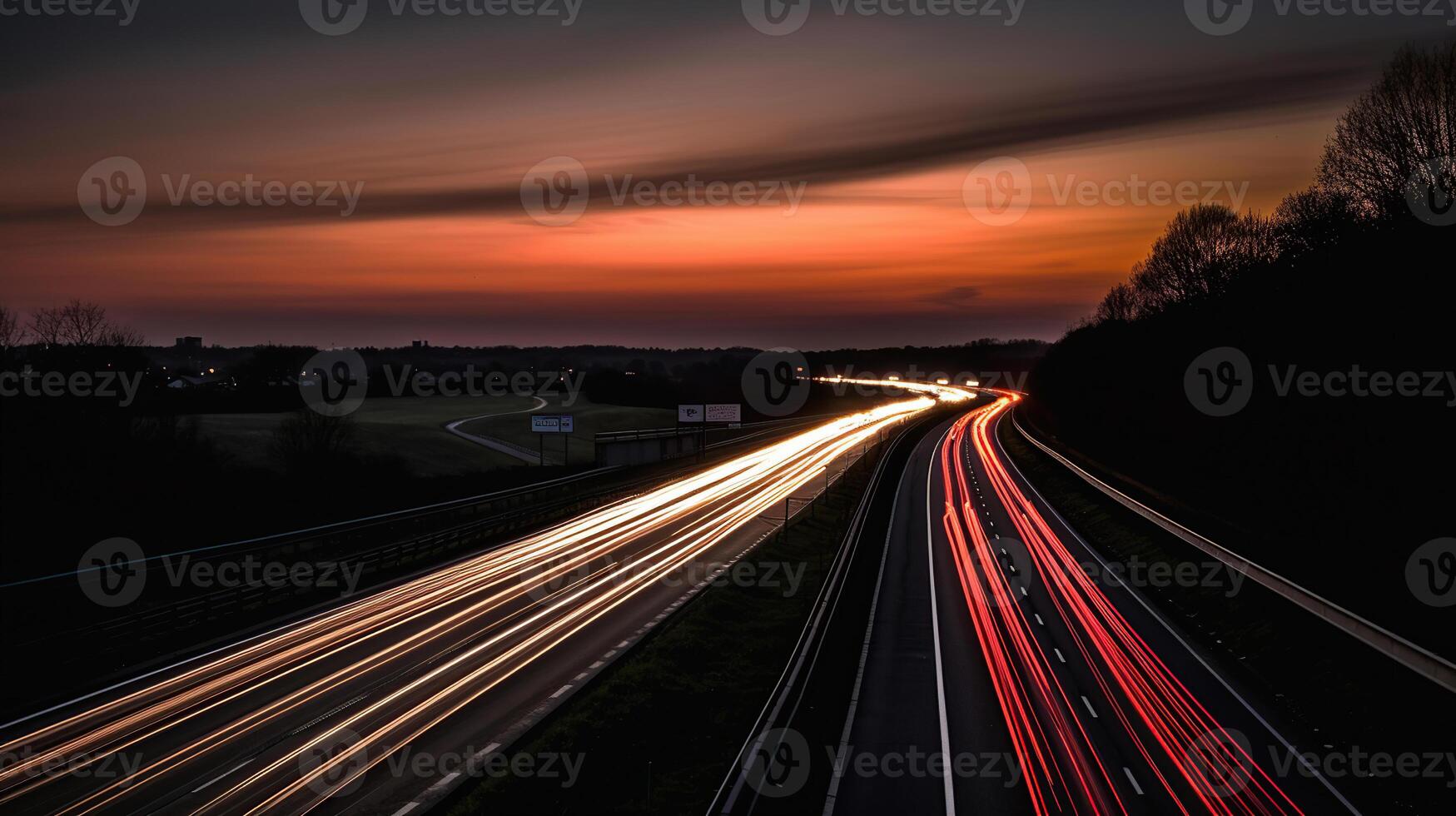 grandes exposição foto do tráfego em a mover às crepúsculo em autoestrada, generativo ai