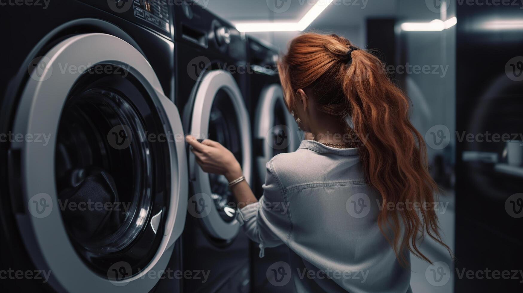 jovem mulher levando baixa Jaqueta a partir de lavando máquina sala, generativo ai foto