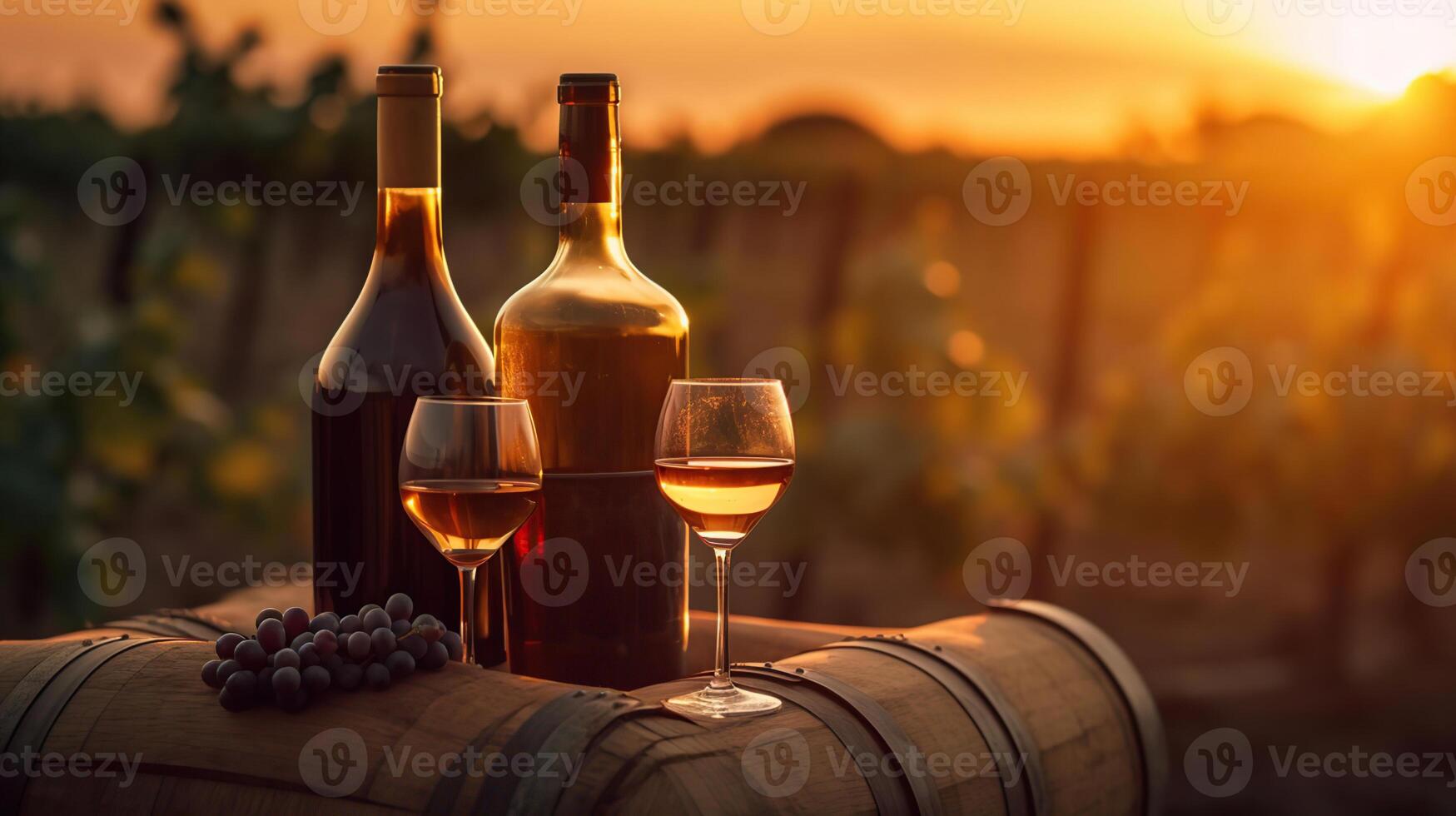 barril taças de vinho e garrafa dentro Vinhedo às pôr do sol, generativo ai foto