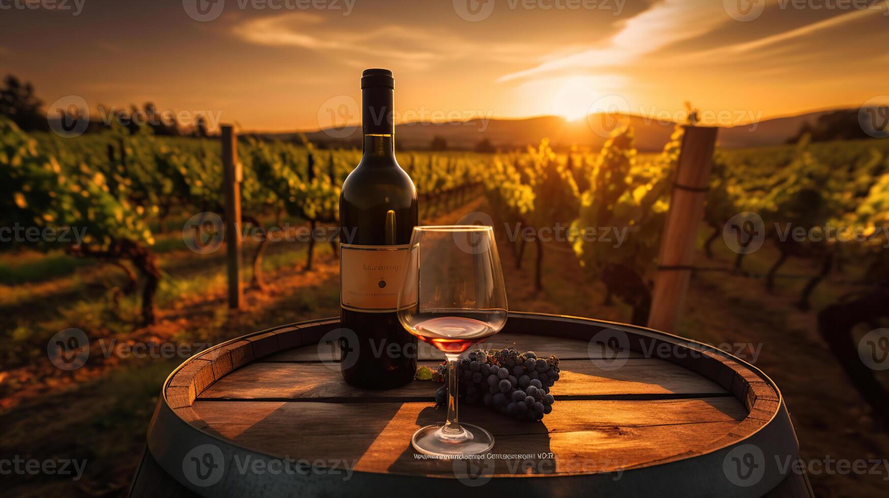 garrafa e taças de vinho em barril dentro Vinhedo às pôr do sol, generativo ai foto