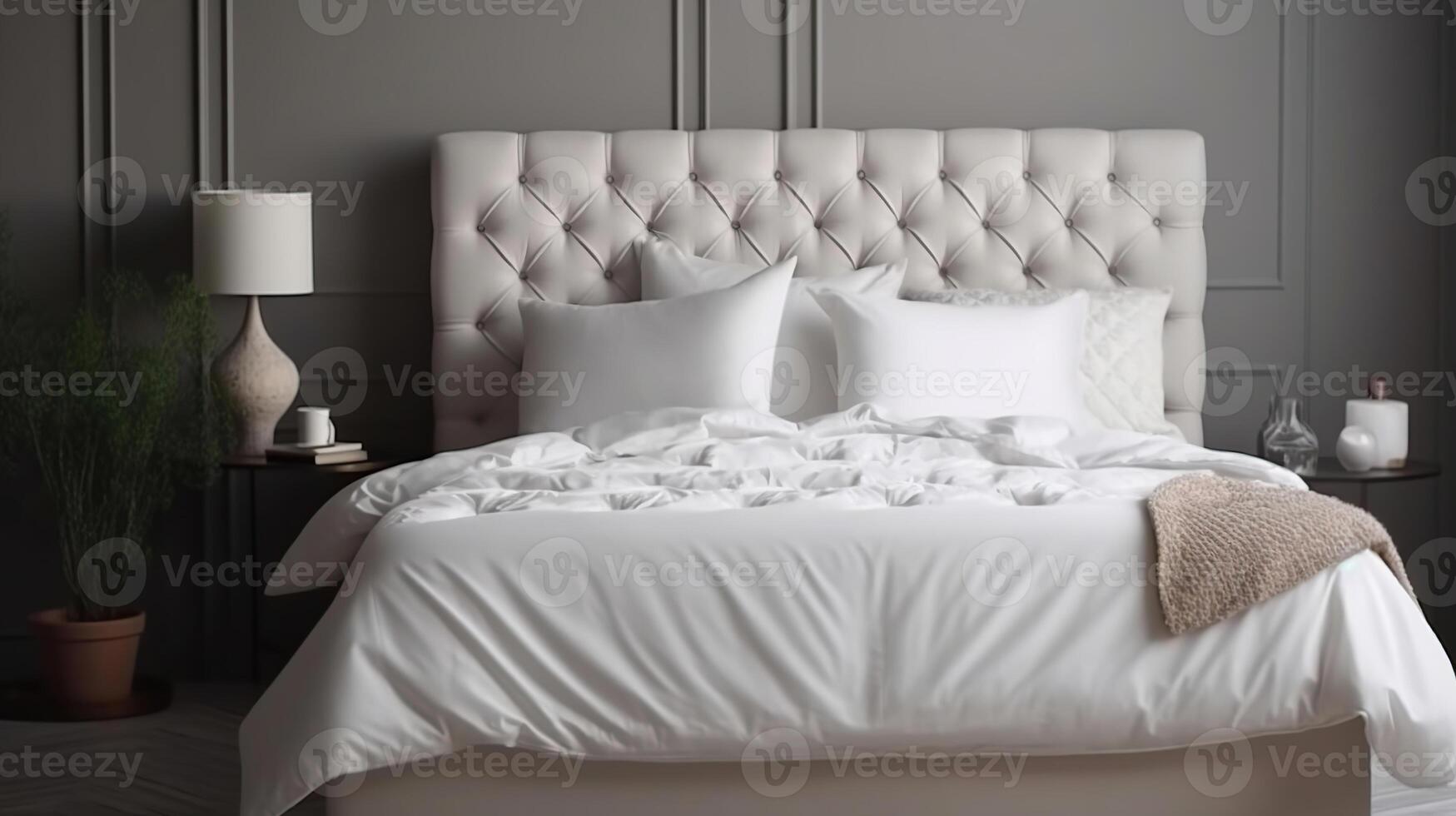 confortável cama com suave branco colchão, cobertor, generativo ai foto