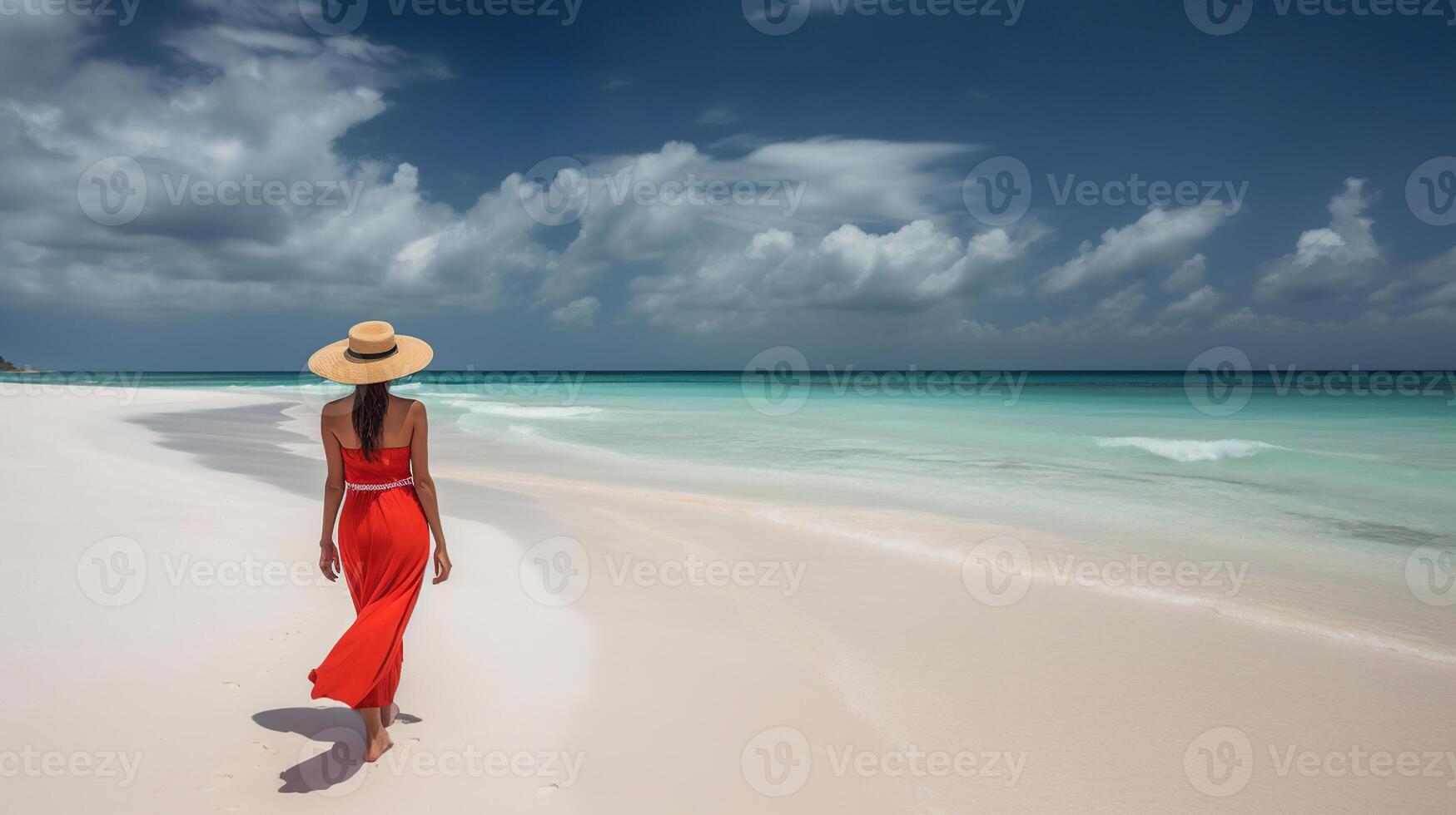 luxo de praia período de férias elegante turista mulher caminhando relaxante dentro vermelho moda praia e chapéu de sol em branco areia caribe de praia com costas visualizar. senhora turista em feriado período de férias recorrer, generativo ai foto