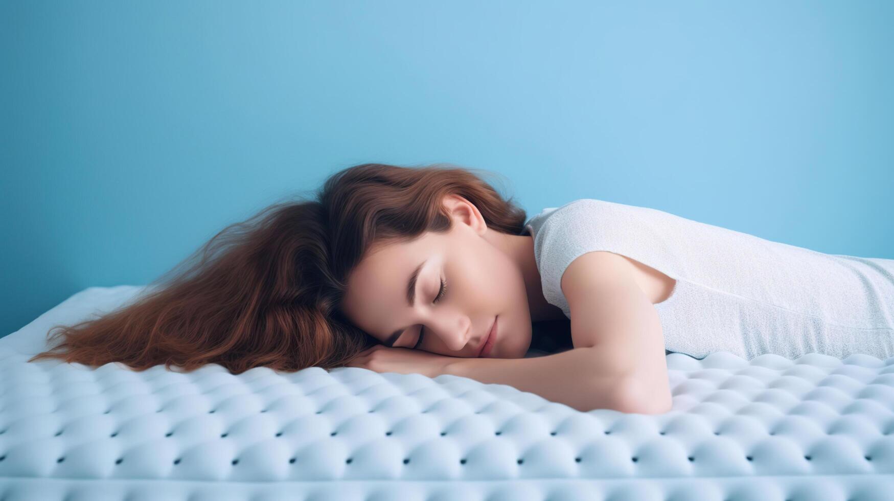 jovem mulher dormindo em suave colchão contra luz azul fundo, generativo ai foto