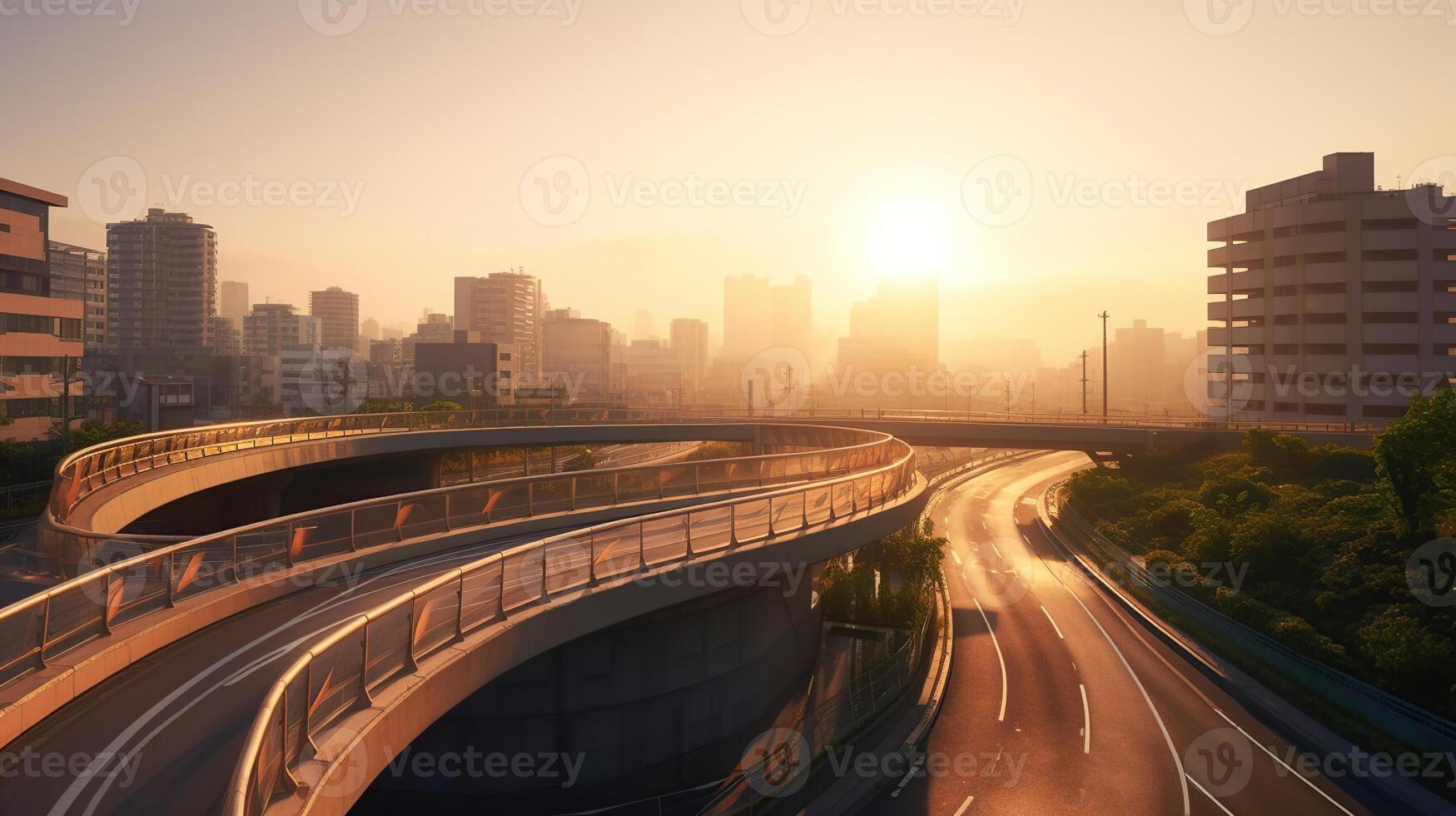 curvado rampa do uma rodovia sobre ruas dentro Osaka cidade do Japão às nascer do sol com iluminação e passagem estrada tráfego, generativo ai foto