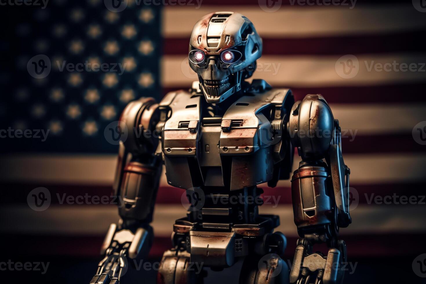 hostil robô ou mal artificial inteligência em pé dentro frente do americano bandeira americano Ciência ficção indústria. ai gerado foto
