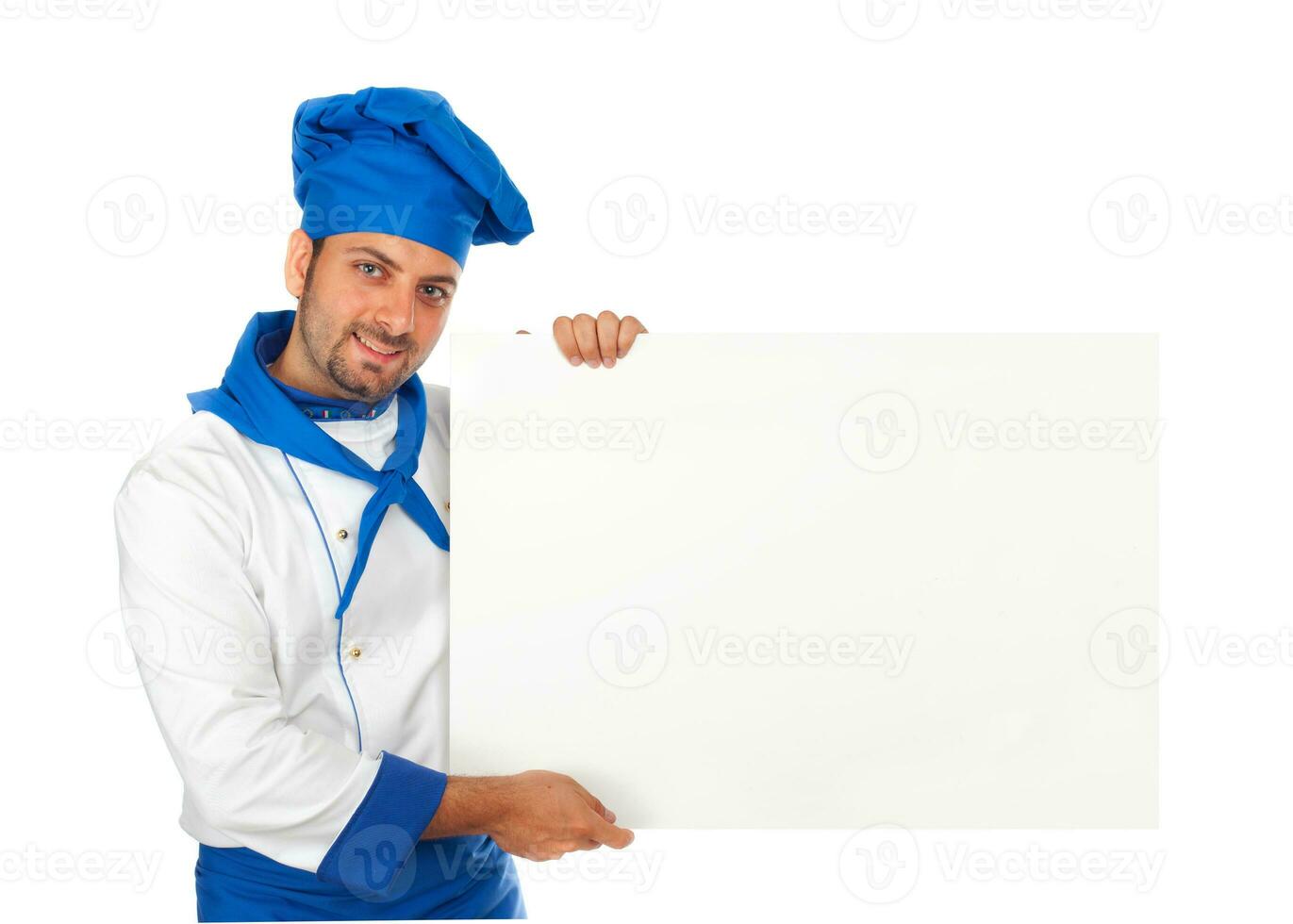 chefe de cozinha com publicidade placa foto