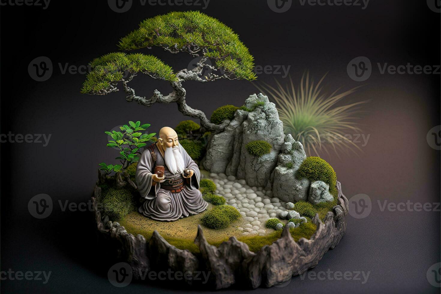 miniatura escrivaninha zen caixa de areia com monge figura sentar dentro lótus posição, empilhado zen mar pedras, Castanho elefante estatuetas, spa velas queimando contra Sombrio estúdio fundo, cópia de espaço. foto