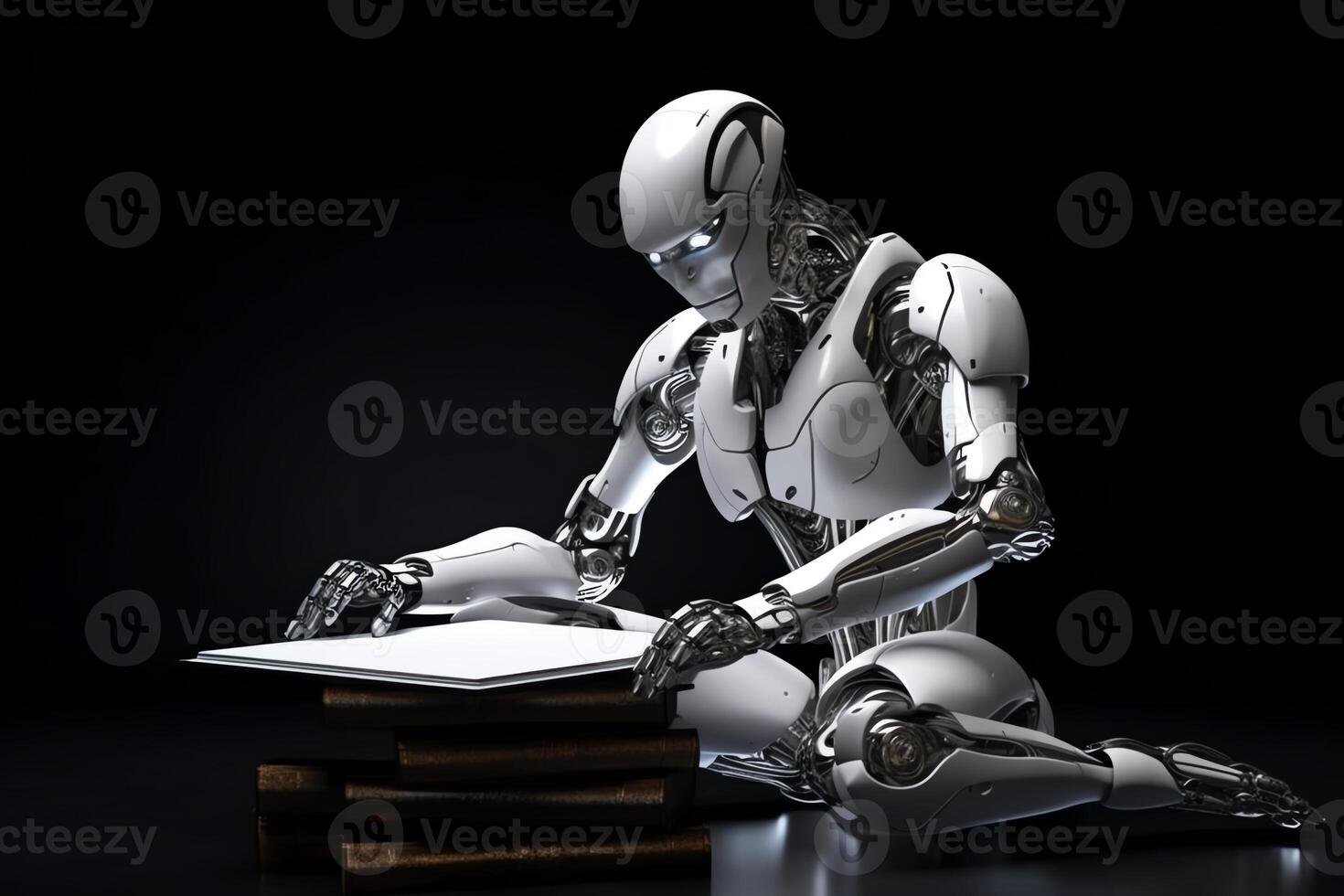 robótico cyborg pressionando robô é sentado e lendo uma livro artificial inteligência bandeira Lugar, colocar texto. ai gerado foto