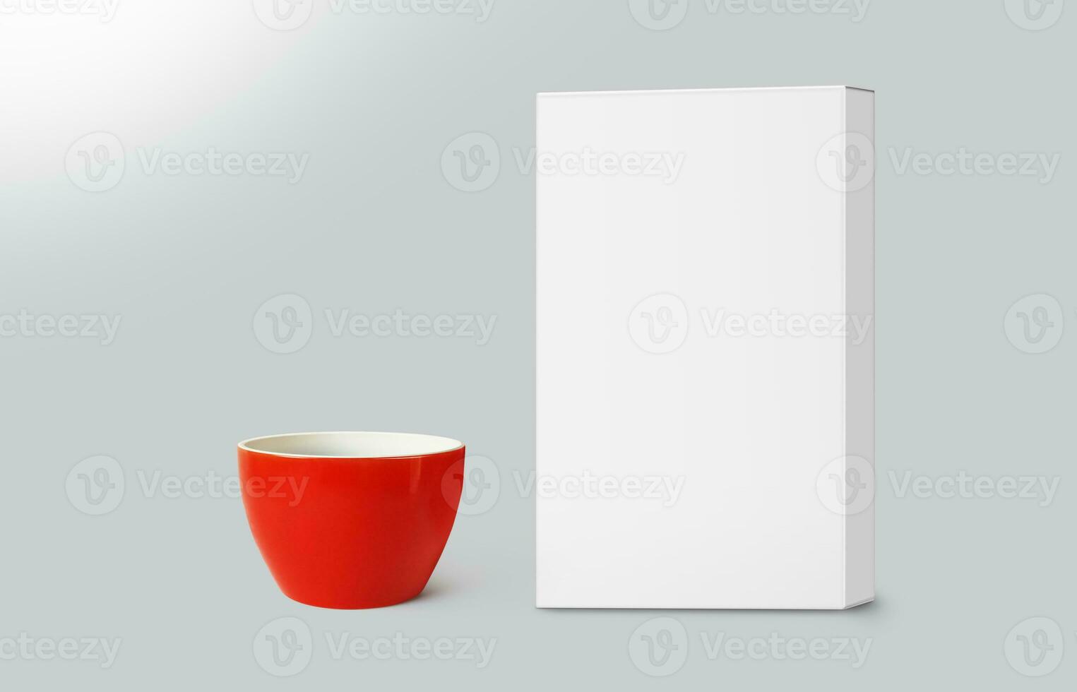 cartão caixa e esvaziar vermelho café caneca isolado em cinzento fundo 3d Renderização foto