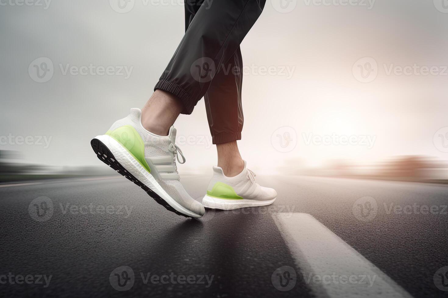 pernas Visão do uma pessoa caminhando em a estrada vestindo Esportes sapato. ai gerado foto