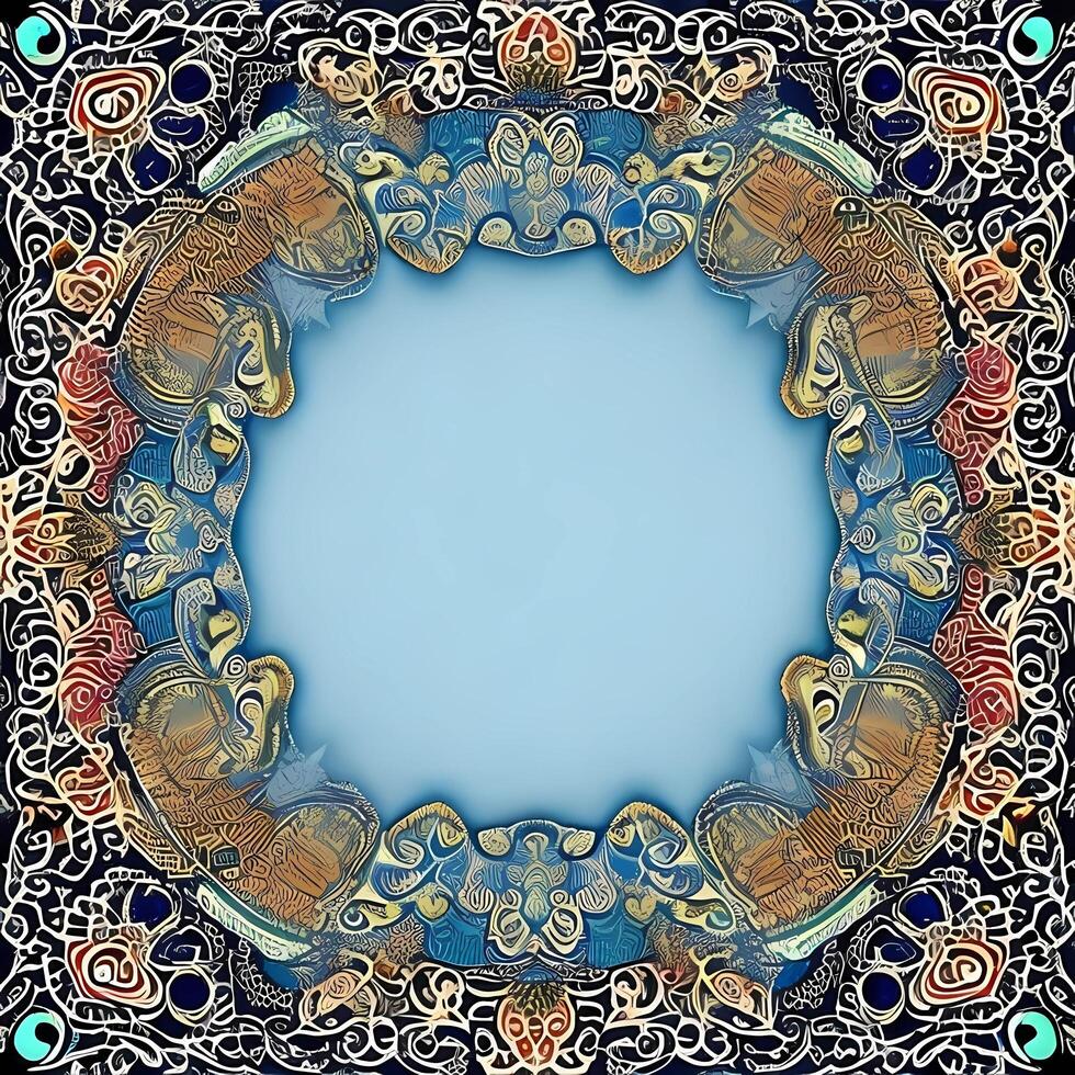 círculo quadro, Armação com oriental enfeites em azul fundo. decorativo linha arte quadro, Armação para Projeto modelo com ai gerado. elegante vetor elemento Oriental estilo, Lugar, colocar para texto. foto