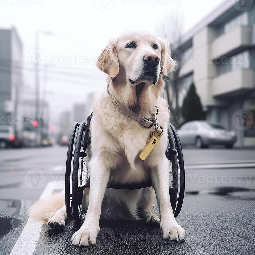 Desativado cachorro, traseiro membros do uma cachorro dentro uma cadeira de rodas em uma cidade rua. generativo ai foto