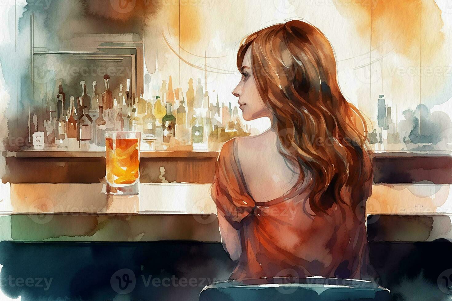 solitário menina dentro uma bar, costas visualizar, aguarela pintura em texturizado papel. digital aguarela pintura foto