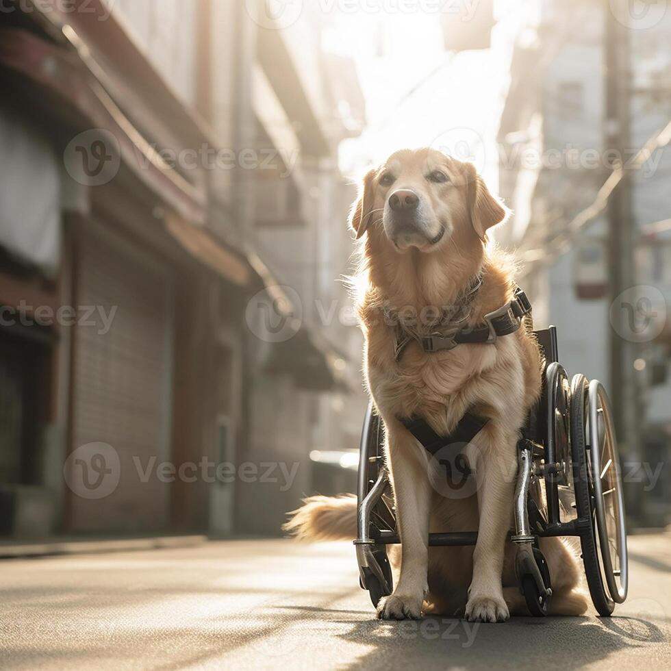 Desativado cachorro, traseiro membros do uma cachorro dentro uma cadeira de rodas em uma cidade rua. generativo ai foto