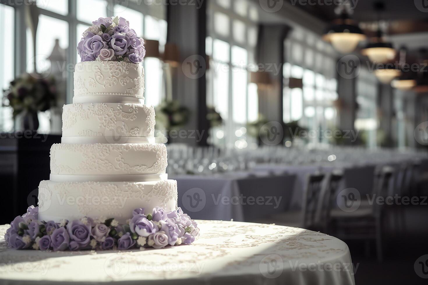 ampla Casamento bolo em a mesa dentro a banquete corredor. generativo ai foto
