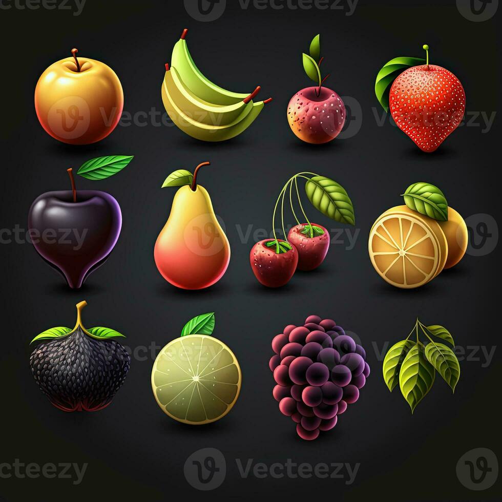 conjunto do fruta ícone para jogos em Preto fundo. ai foto