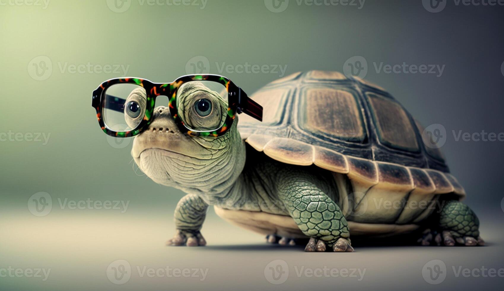 fofa pequeno verde tartaruga com óculos dentro frente do estúdio fundo. generativo ai foto