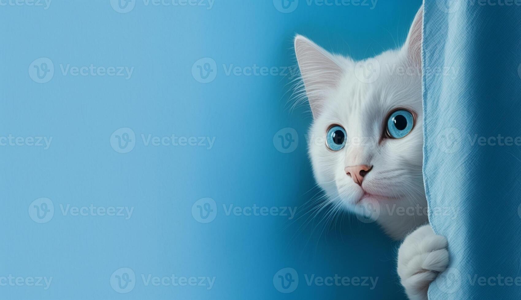 assustado gato espreitadelas Fora a partir de atrás uma canto em uma azul fundo, com cópia de espaço, criada com generativo ai tecnologia foto