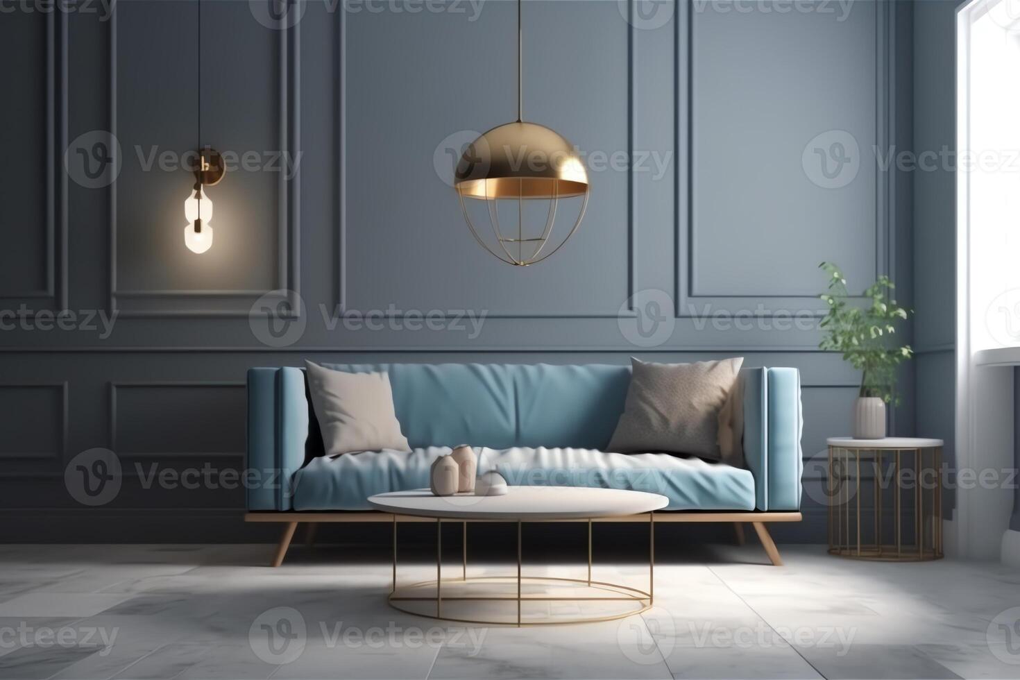 escandinavo interior do vivo quarto conceito luz cinzento sofá com ouro luminária em branco pavimentos e azul parede 3d Renderização. ai gerado foto