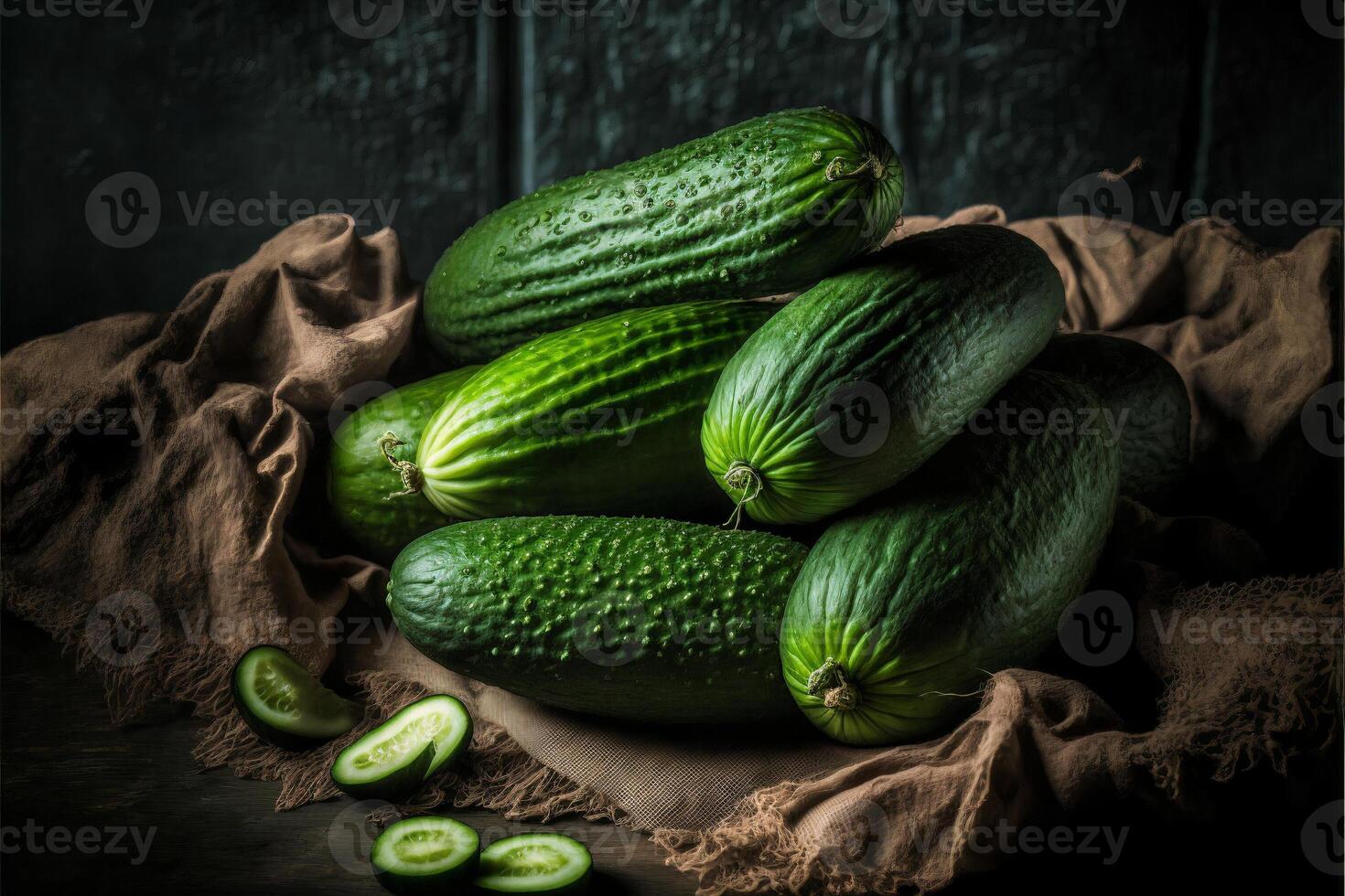 fresco verde pepinos em uma Castanho pano com uma Sombrio fundo. generativo ai ilustração. foto