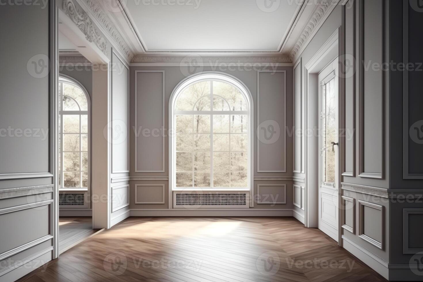 clássico esvaziar quarto interior 3d render a quartos ter de madeira pavimentos e cinzento paredes decorar com branco moldagem lá estão branco janela olhando Fora para a natureza visualizar. ai gerado foto